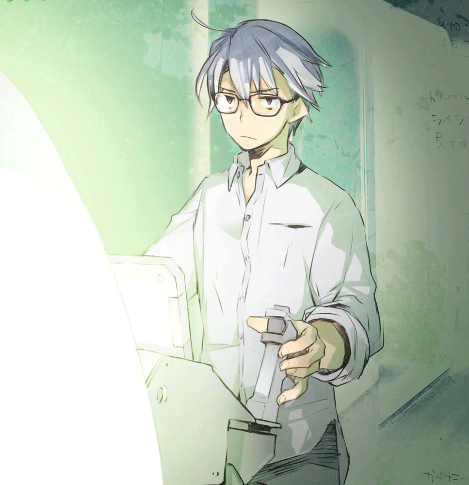 1boy, bangs, brown_eyes, collared_shirt, controller, eyebrows_visible_through_hair, glasses, grey_hair