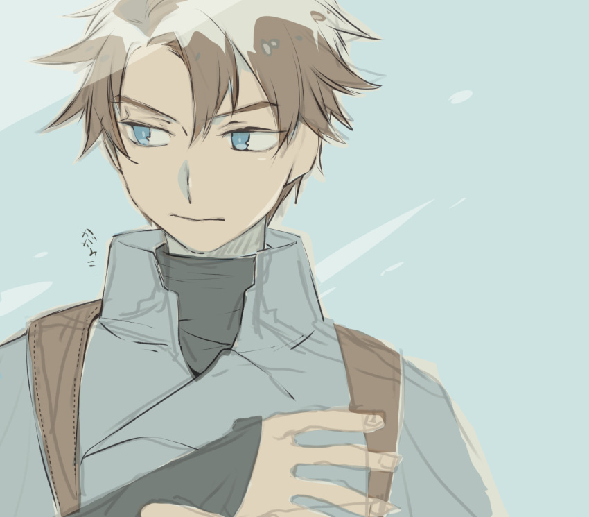 1boy, bangs, black_sweater, blue_background, blue_eyes, blue_jacket, brown_hair, gundam