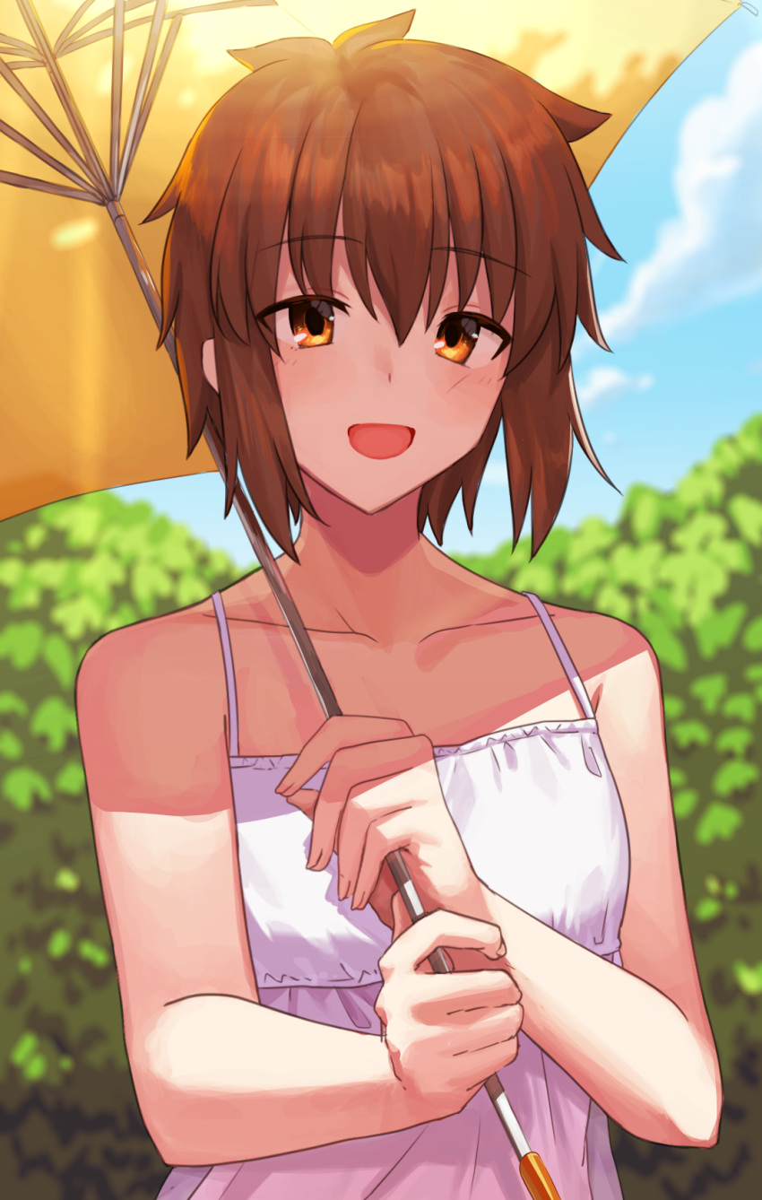 1girl, :d, bangs, blurry, blurry_background, blush, brown_eyes, brown_hair