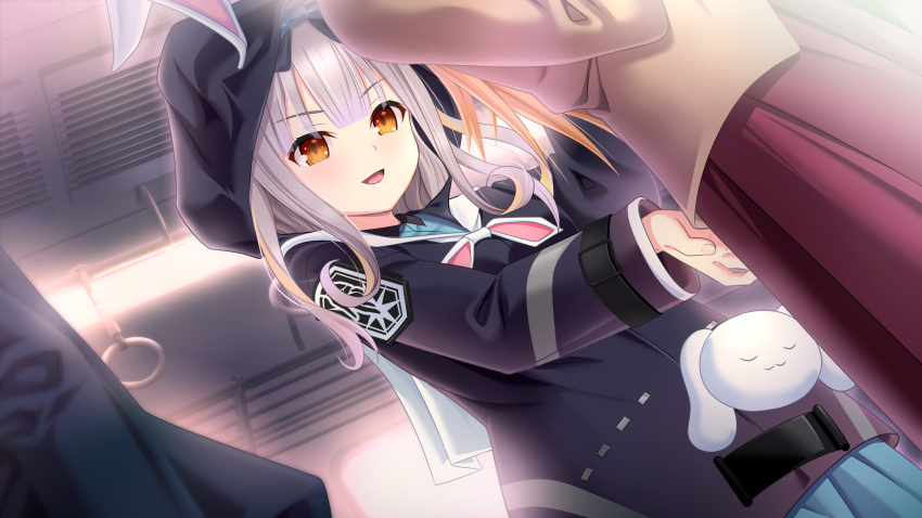 2girls, animal_ears, animal_hood, bangs, black_coat, blonde_hair, blue_skirt, blunt_bangs