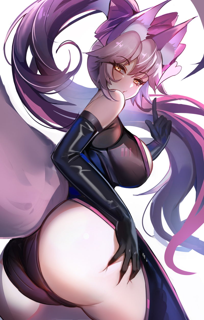 1girl, animal_ear_fluff, animal_ears, ass, black_bodysuit, blush, bodysuit, choker