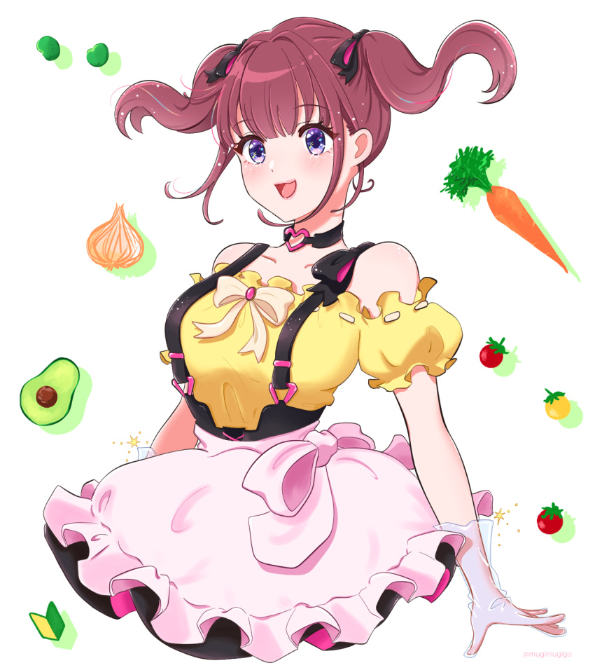 1girl, avocado, bangs, blush, bow, carrot, collarbone, eyebrows_visible_through_hair, floating_hair, frilled_shirt, frills, hair_behind_ear, highres, lee_roha, mugimugigo, nijisanji, nijisanji_kr, off-shoulder_shirt, off_shoulder, onion, open_mouth, pink_bow, pink_skirt, shirt, skirt, smile, solo, suspenders, tomato, twintails, violet_eyes, virtual_youtuber, yellow_bow
