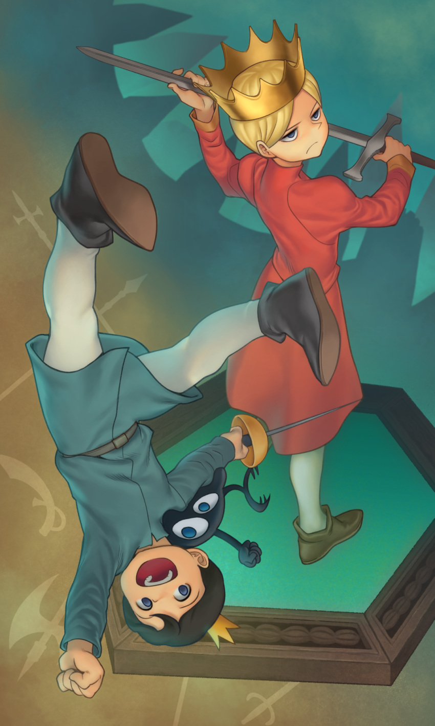 2boys, :d, black_footwear, black_hair, blonde_hair, blue_eyes, bojji, child, clenched_hand, crown, daida, fantasy, frown, hand_up, highres, holding, holding_weapon, long_sleeves, male_focus, manahi, multiple_boys, open_mouth, ousama_ranking, rapier, shadow_(ousama_ranking), short_hair, smile, standing, sword, upside-down, weapon, white_legwear