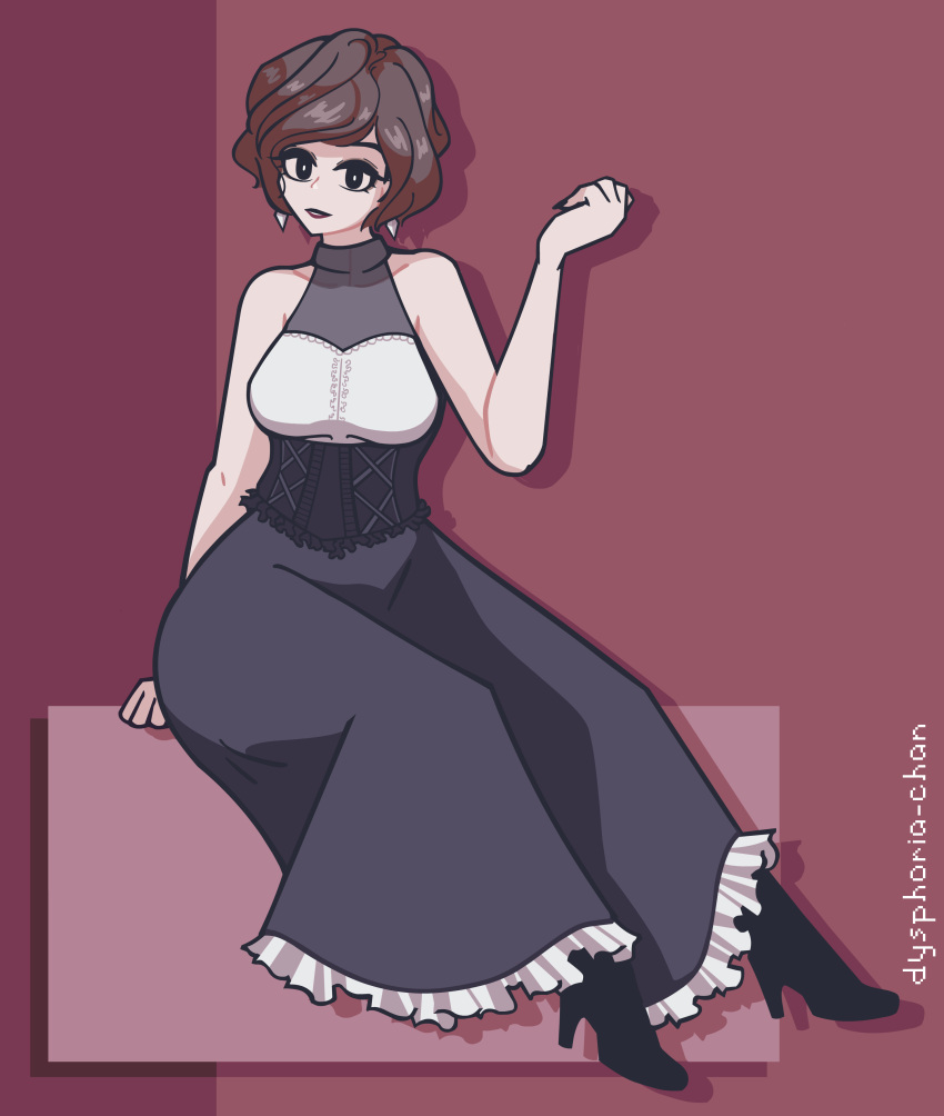 black_dress, brown_hair, dysphoria, long_dress, original, short_hair