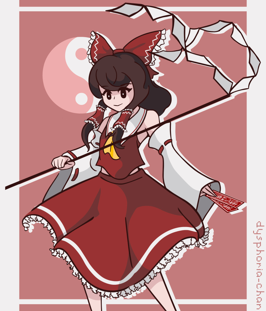 brown_hair, dysphoria, hakurei_reimu, miko, priestess, red_dress, touhou, ying_yang