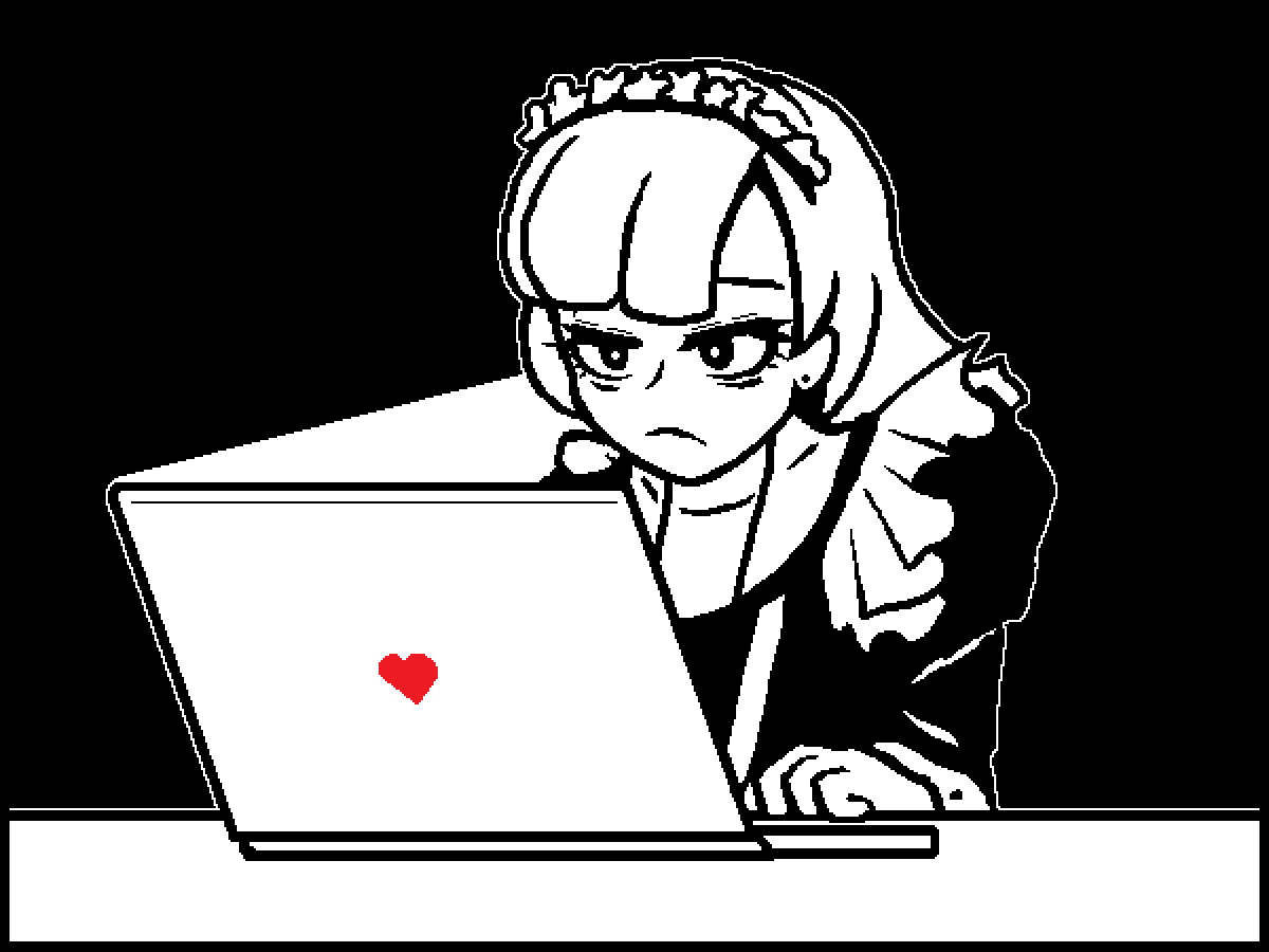 black_and_white, black_background, dysphoria, hear, maid, original, pixel_art, white_hair