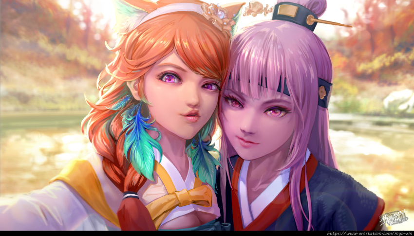 2girls, alternate_costume, alternate_hairstyle, animal_ears, bangs, blunt_bangs, braid, braided_ponytail, cat_ears, couple, earrings, feather_earrings, feathers, gradient_hair, hair_bun, hair_ornament, hair_stick, hairband, highres, hololive, hololive_english, japanese_clothes, jewelry, kimono, long_hair, mori_calliope, multicolored_hair, multiple_girls, myo-zin, orange_hair, pink_hair, red_eyes, selfie, smile, takanashi_kiara, violet_eyes, virtual_youtuber, yuri