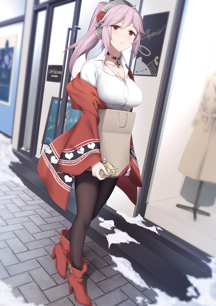 1girl, black_choker, black_legwear, breasts, choker, headphones, highres, large_breasts