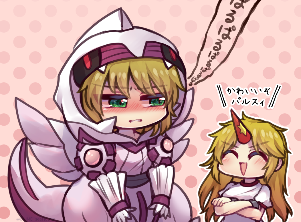 2girls, bangs, blonde_hair, blush, chibi, cosplay, crossed_arms, cuffs