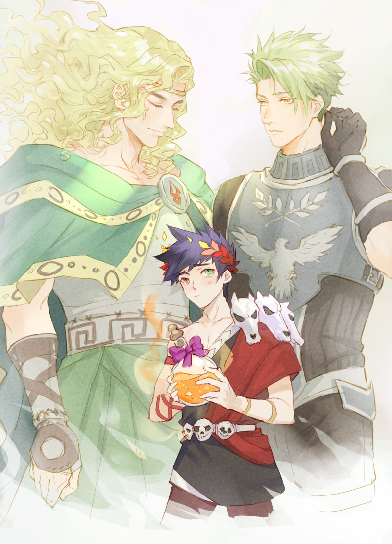 3boys, achilles_(fate), achilles_(hades), armor, black_gloves, black_hair, blonde_hair, blush