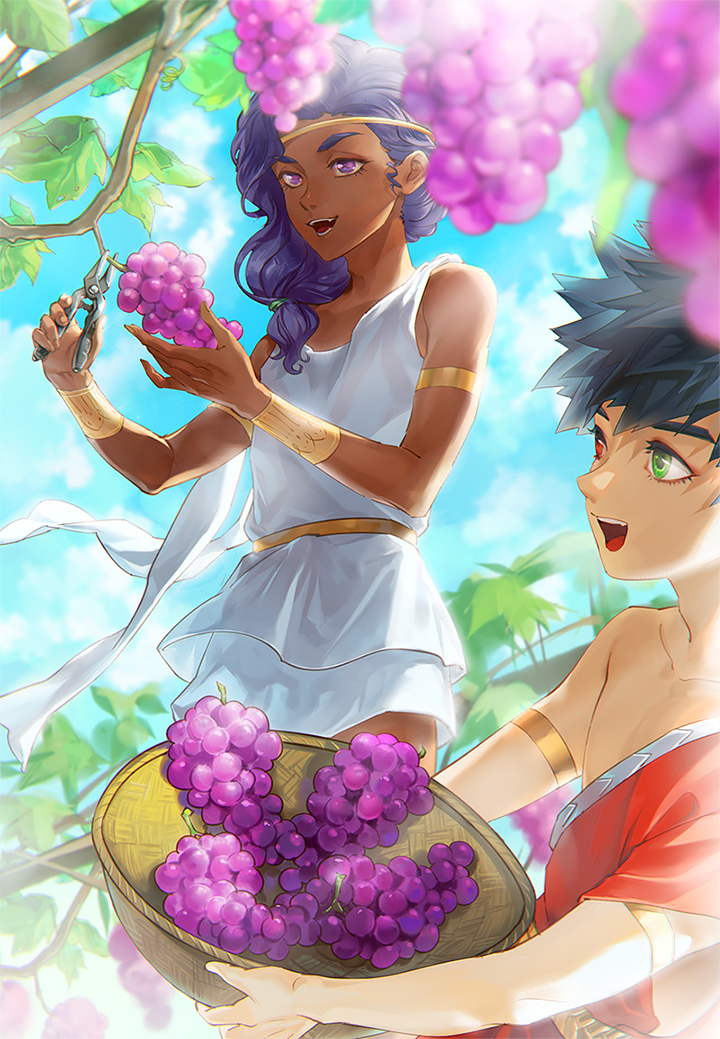 2boys, basket, black_hair, blue_sky, changye, circlet, clippers, dark-skinned_male