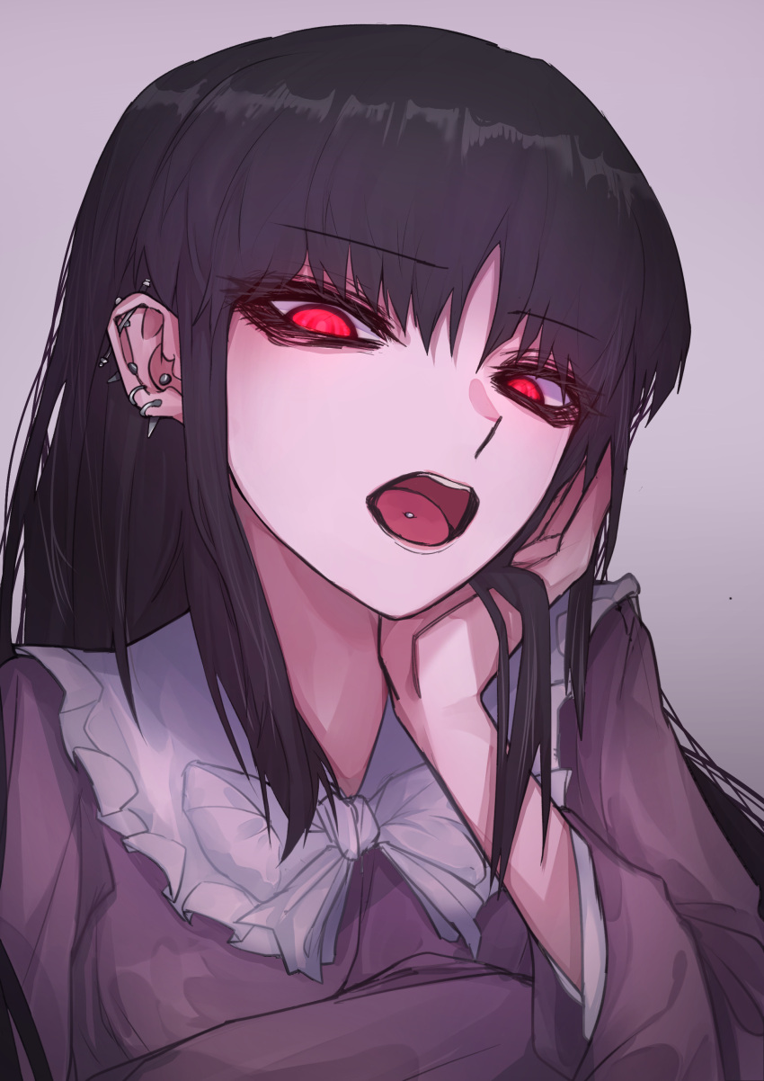 1girl, 33_gaff, absurdres, black_hair, ear_piercing, earrings, frilled_shirt_collar, frills