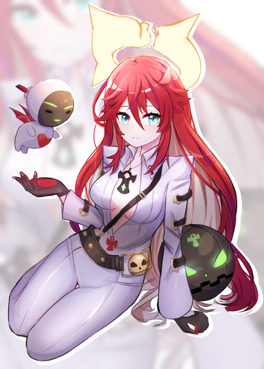 1girl, absurdres, ankh, ball_and_chain_restraint, bangs, belt, bodysuit, broken_halo, chain, cross, gloves, green_eyes, guilty_gear, hair_ornament, halo, highres, jack-o'-lantern, jack-o'_valentine, jewelry, long_hair, magician_servant, necklace, redhead, very_long_hair, weika