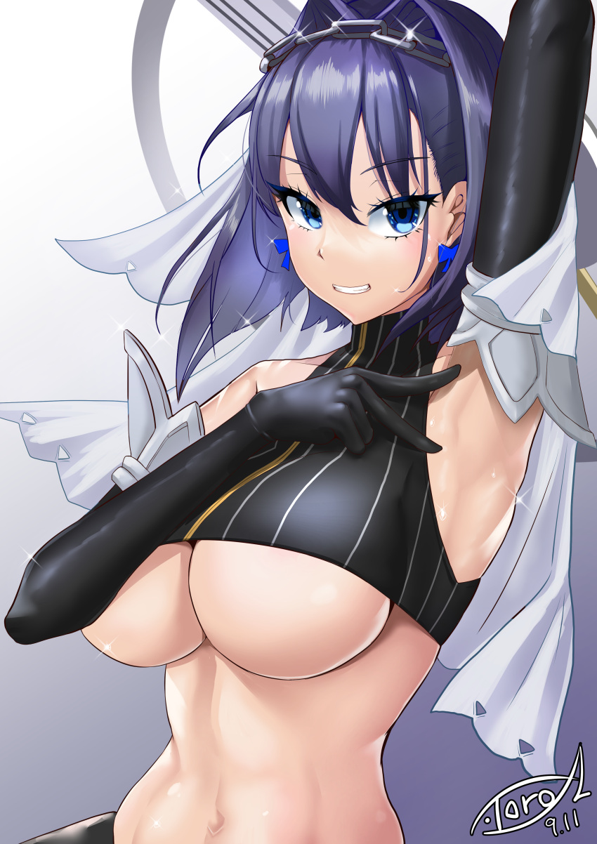 1girl, absurdres, arm_up, armpits, black_gloves, blue_eyes, blue_hair, blue_ribbon