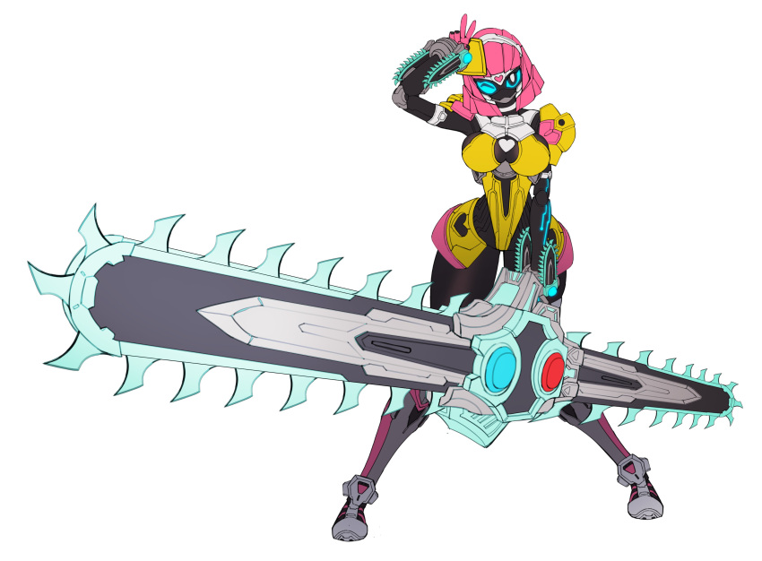 1girl, absurdres, armor, breasts, catball1994, chainsaw, double-blade, heart