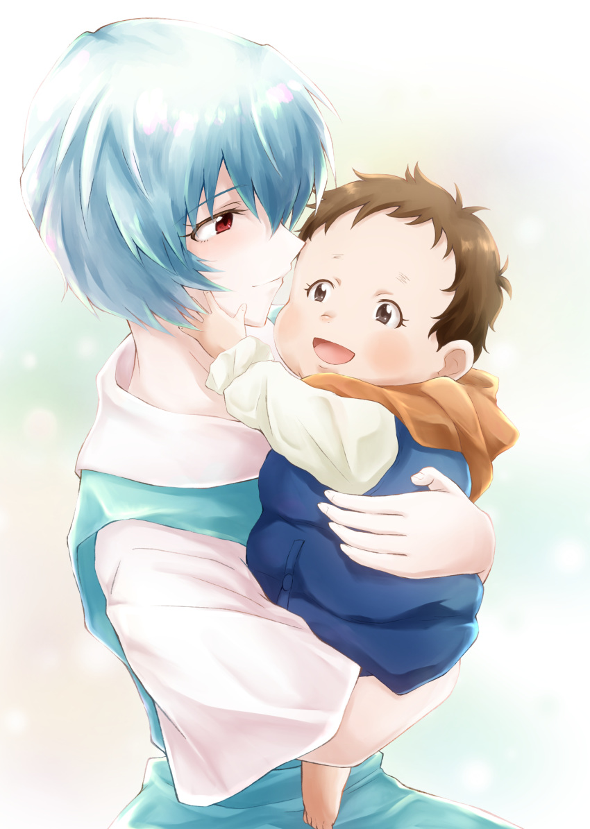 2girls, :d, absurdres, ayanami_rei, baby, baumku_techen, blue_dress, blue_hair