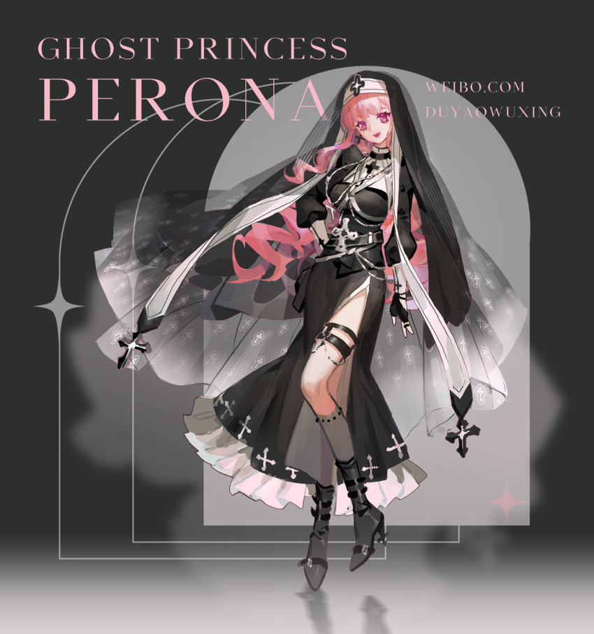1girl, bangs, black_dress, black_footwear, breasts, character_name, dress, dywx_poison