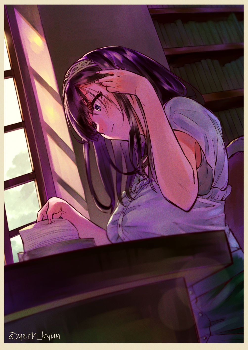 1girl, black_hair, book, bookshelf, breasts, dutch_angle, hair_tucking, hairband, head_tilt, highres, idolmaster, idolmaster_cinderella_girls, indoors, kyunta, large_breasts, lens_flare, library, light_smile, on_chair, reading, sagisawa_fumika, short_sleeves, sitting, solo, window