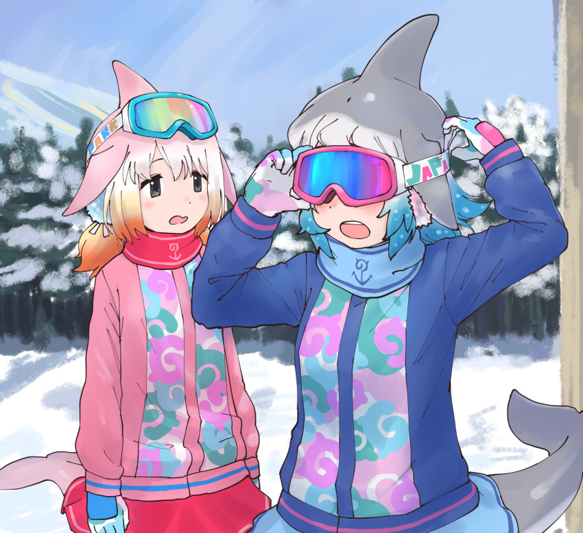 2girls, blowhole, blue_hair, blue_jacket, blue_neckwear, blue_skirt, blush, chinese_white_dolphin_(kemono_friends)