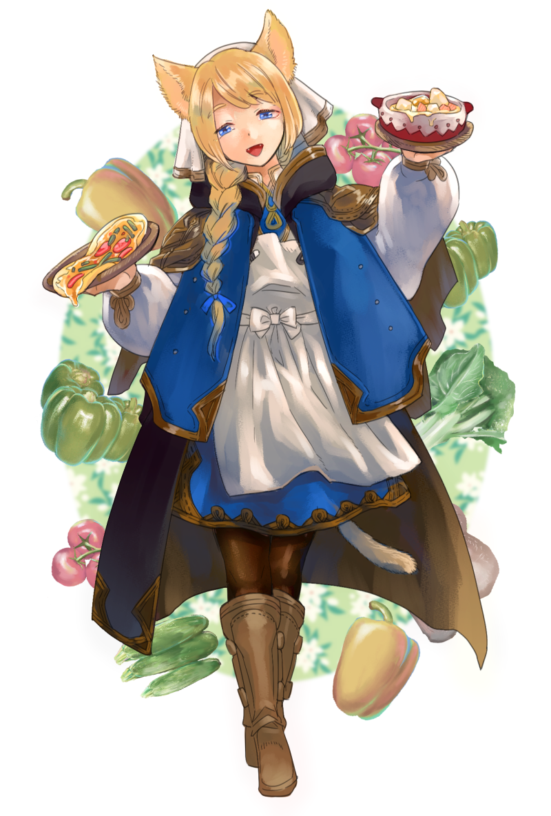 1girl, animal_ears, black_legwear, blonde_hair, blue_eyes, boots, bowl, braid