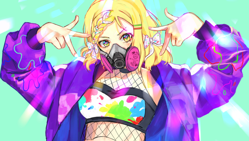 1girl, absurdres, alternate_costume, aqua_background, blonde_hair, bow, braid, breasts, fishnet_top, fishnets, front_braid, gang_sign, gas_mask, green_eyes, hair_bow, highres, jacket, long_hair, looking_at_viewer, love_live!, love_live!_sunshine!!, mask, medium_breasts, ohara_mari, pink_nails, polka_dot, polka_dot_bow, proton06, purple_jacket, solo, upper_body, v-shaped_eyebrows, white_bow