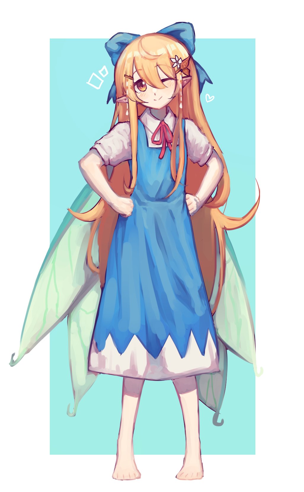 1girl, barefoot, blonde_hair, blue_bow, blue_dress, bow, brown_eyes, cirno, cirno_(cosplay), clenched_hands, cosplay, dress, eyebrows_visible_through_hair, fairy, fairy_wings, flat_chest, hair_bow, hands_on_hips, highres, long_hair, nijisanji, nijisanji_en, one_eye_closed, pointy_ears, pomu_rainpuff, smile, solo, touhou, very_long_hair, wings, yuno_(p2eocene)