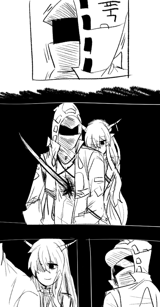 1boy, 1girl, arknights, backstab, blood, blood_on_clothes, doctor_(arknights), empty_eyes