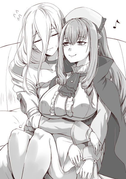 2girls, bare_shoulders, breasts, cape, choker, closed_eyes, collarbone, commentary_request