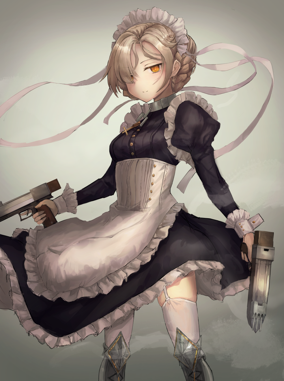 1girl, apron, azur_lane, blonde_hair, boots, braid, breasts, closed_mouth