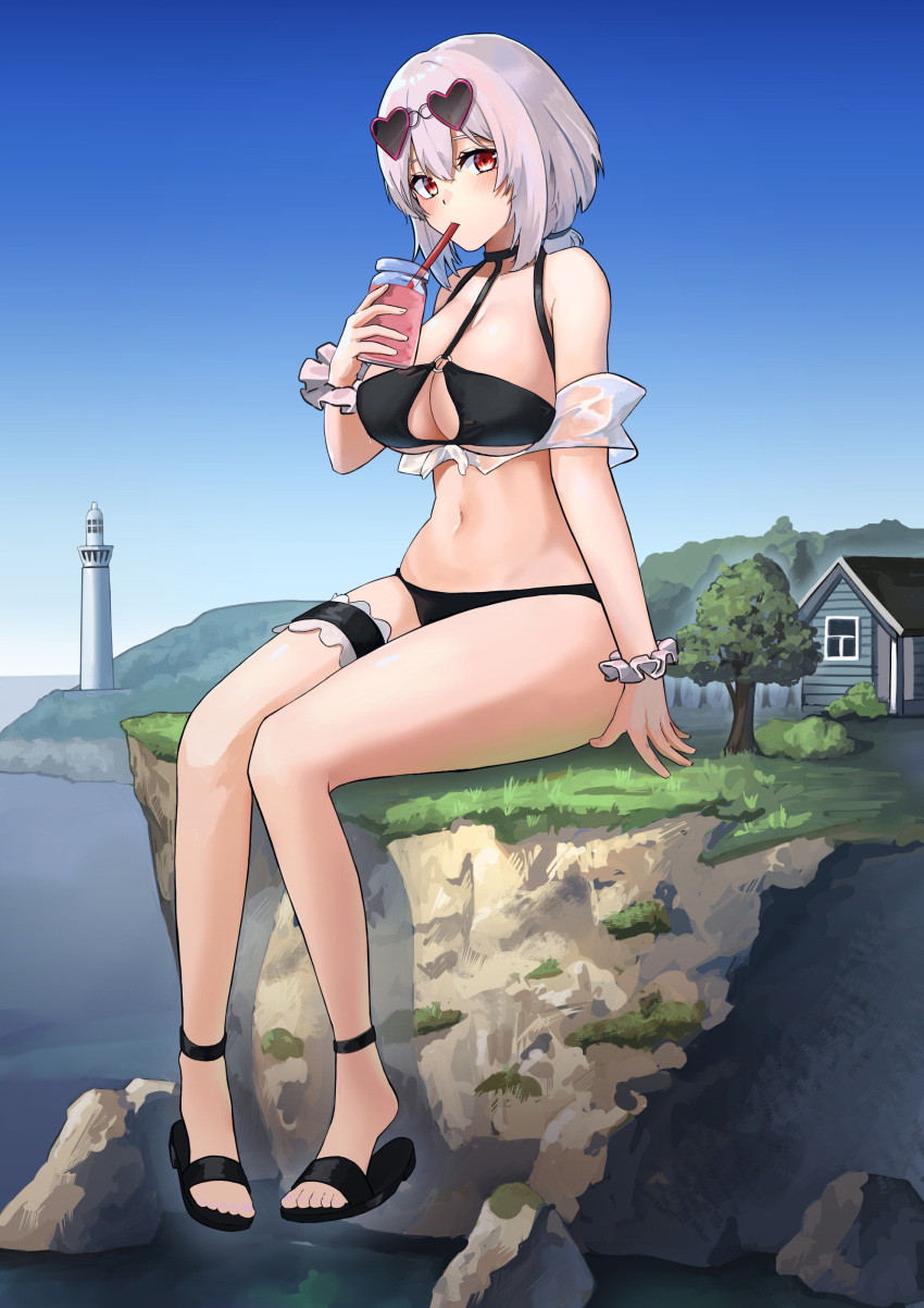 1girl, absurdres, azur_lane, black_swimsuit, blush, breasts, cup, eyebrows_visible_through_hair