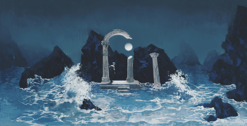 1boy, armband, black_hair, black_jacket, black_pants, clear_sky, dai_gyakuten_saiban, full_moon