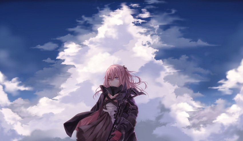 1girl, ar-15, blue_sky, breasts, closed_mouth, clouds, cloudy_sky, dress