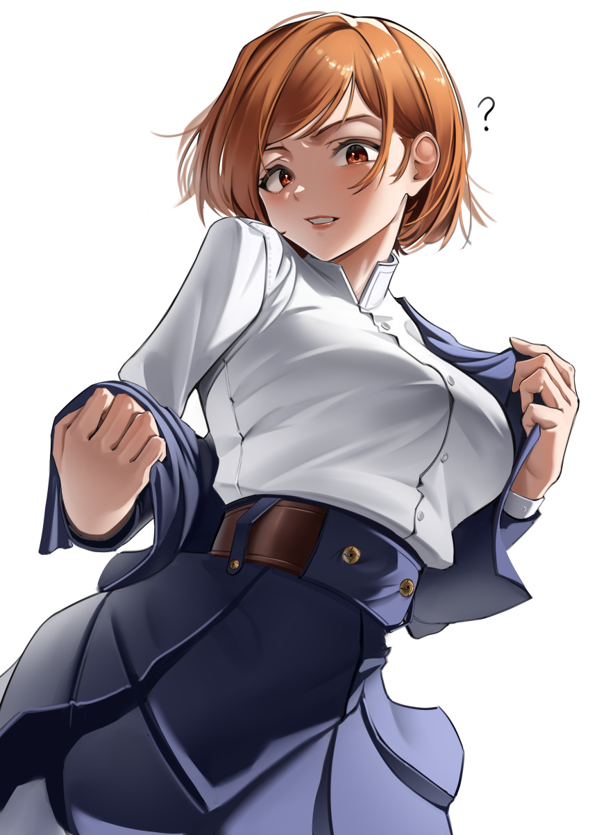 1girl, ?, absurdres, belt, blue_jacket, blue_skirt, blush, breasts