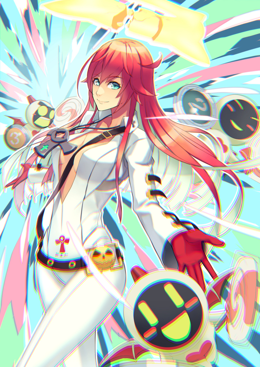 3others, ankh, ankh_necklace, bellbottoms, belt, bodysuit, broken_halo, green_eyes, guilty_gear, guilty_gear_strive, halo, highres, jack-o'_valentine, knight_servant, lancer_servant, looking_at_viewer, magician_servant, multiple_others, redhead, shinbee, wings