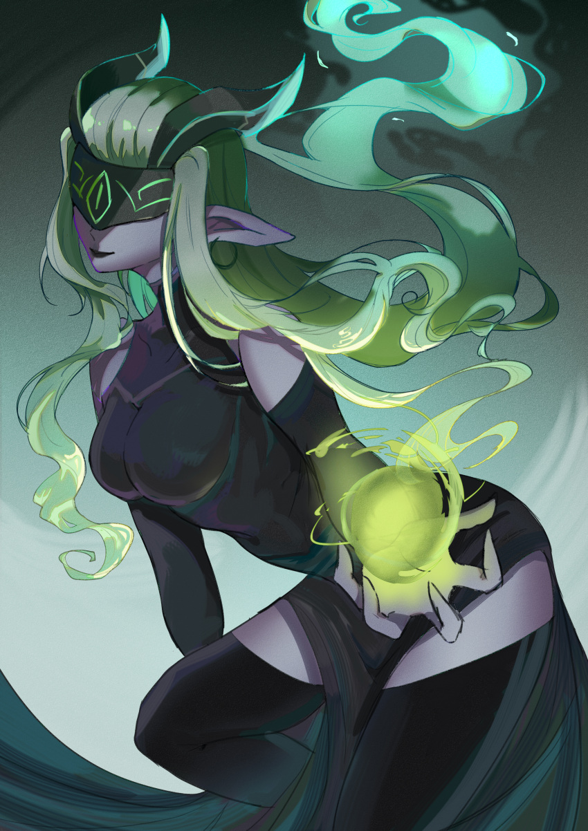 absurdres, afk_arena, arm_behind_leg, bare_shoulders, black_dress, black_legwear, black_lips, blindfold, colored_skin, dress, earrings, green_hair, highres, jewelry, long_hair, looking_to_the_side, pointy_ears, purple_skin, raku_(874402932), shemira_(afk_arena), simple_background, solo, thigh-highs