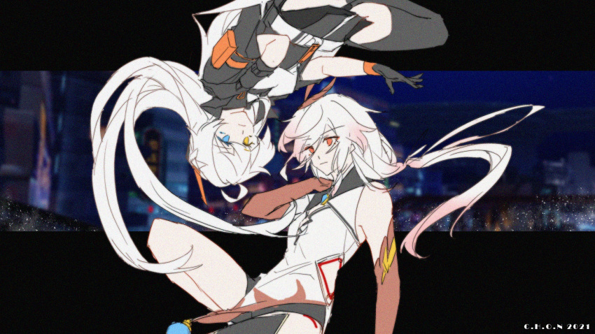 2girls, antenna_hair, bangs, bare_shoulders, black_gloves, black_jacket, black_legwear, blue_eyes