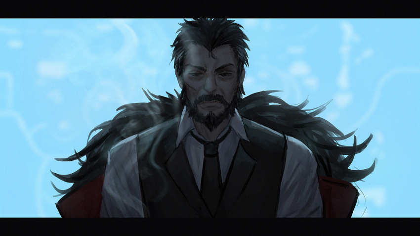 1boy, armchair, beard, berezovich_kryuger_(girls'_frontline), black_hair, black_neckwear, black_vest, chair