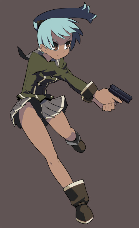 brown_eyes, dark_skin, gun, no_panties, simple_background, solo, tonpu, weapon