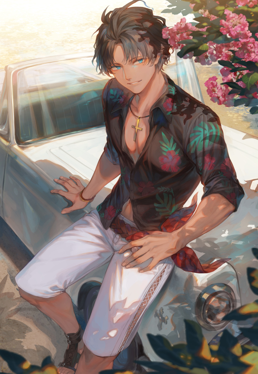 1boy, bartholomew_roberts_(fate), black_hair, blue_eyes, bracelet, car, cross, cross_necklace, dark-skinned_male, dark_skin, fate/grand_order, fate_(series), flower, ground_vehicle, hawaiian_shirt, highres, jewelry, looking_at_viewer, male_focus, mashuu_(neko_no_oyashiro), motor_vehicle, navel, necklace, partially_unbuttoned, pink_flower, sandals, shirt, shorts, smile, solo, teeth, unbuttoned, unbuttoned_shirt, white_shorts