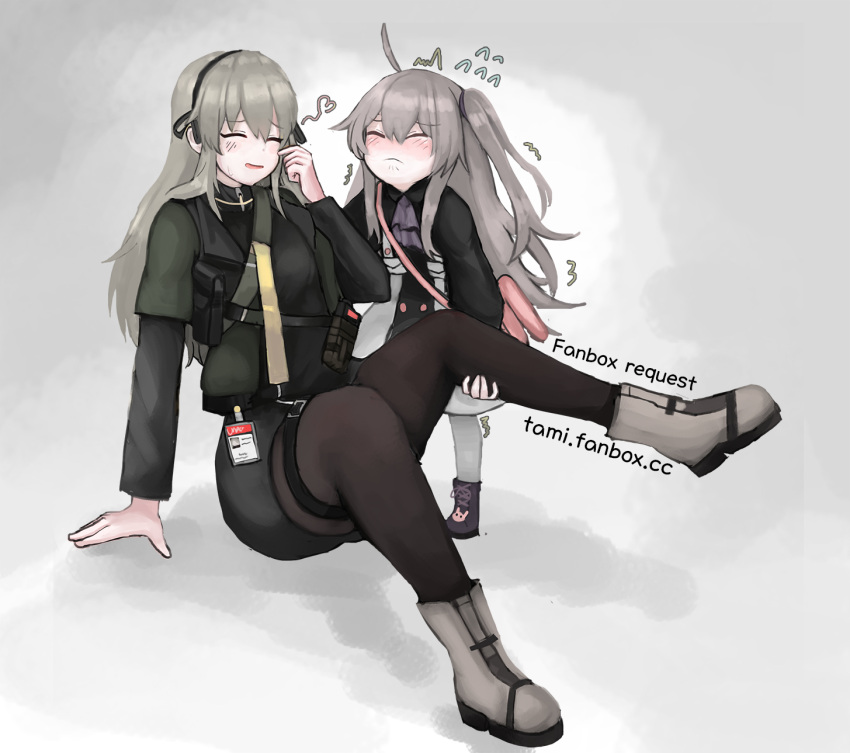 2girls, black_legwear, blush, boots, breasts, closed_eyes, closed_mouth, eyebrows_visible_through_hair, fanbox_username, girls_frontline, grey_footwear, grey_hair, hair_ornament, hairband, hairclip, hand_on_floor, highres, holding_leg, long_hair, min-tami, multiple_girls, on_floor, open_mouth, pantyhose, simple_background, smile, standing, twintails, ump40_(girls'_frontline), ump45_(girls'_frontline), white_legwear