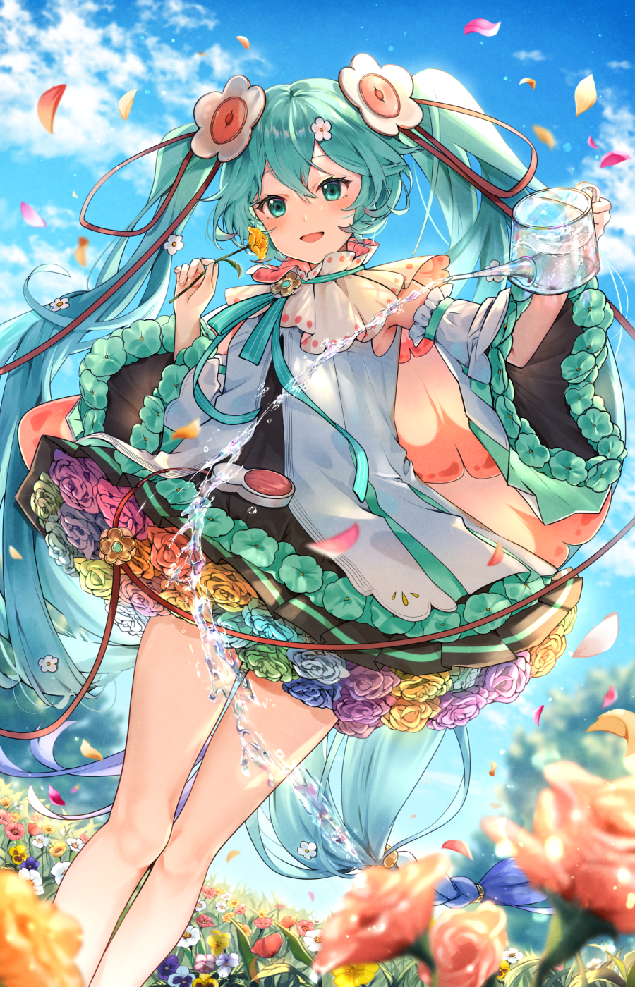 1girl, aqua_eyes, aqua_flower, aqua_ribbon, aqua_rose, armpit_peek, bangs, bare_legs
