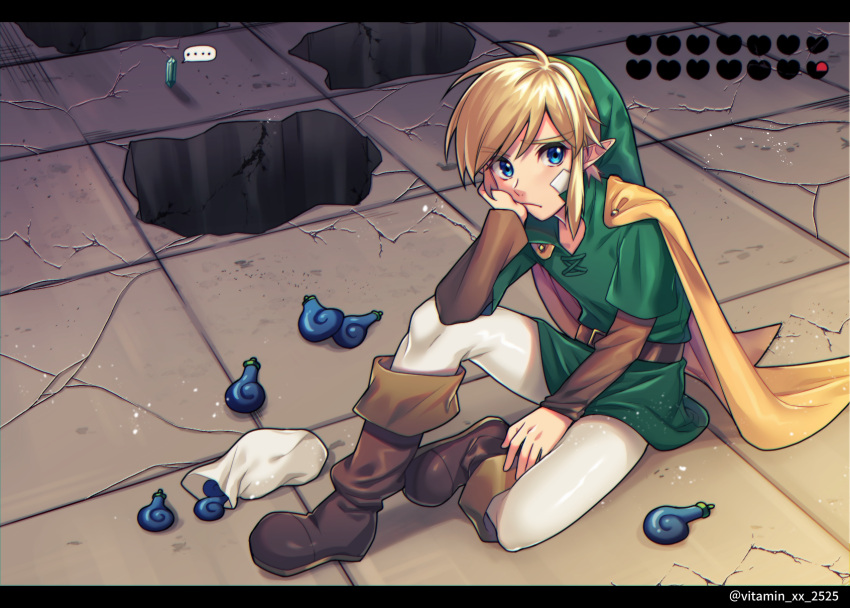 1boy, bandages, belt, blonde_hair, blue_eyes, boots, brown_footwear, cape, cracked_floor, green_headwear, heart_container, highres, hole, link, looking_at_viewer, pointy_ears, pouch, rupee, seed, sidelocks, sitting, solo, tatsuuma_daisuke, the_legend_of_zelda, the_legend_of_zelda:_oracle_of_seasons, tunic, twitter_username, white_legwear, yellow_cape