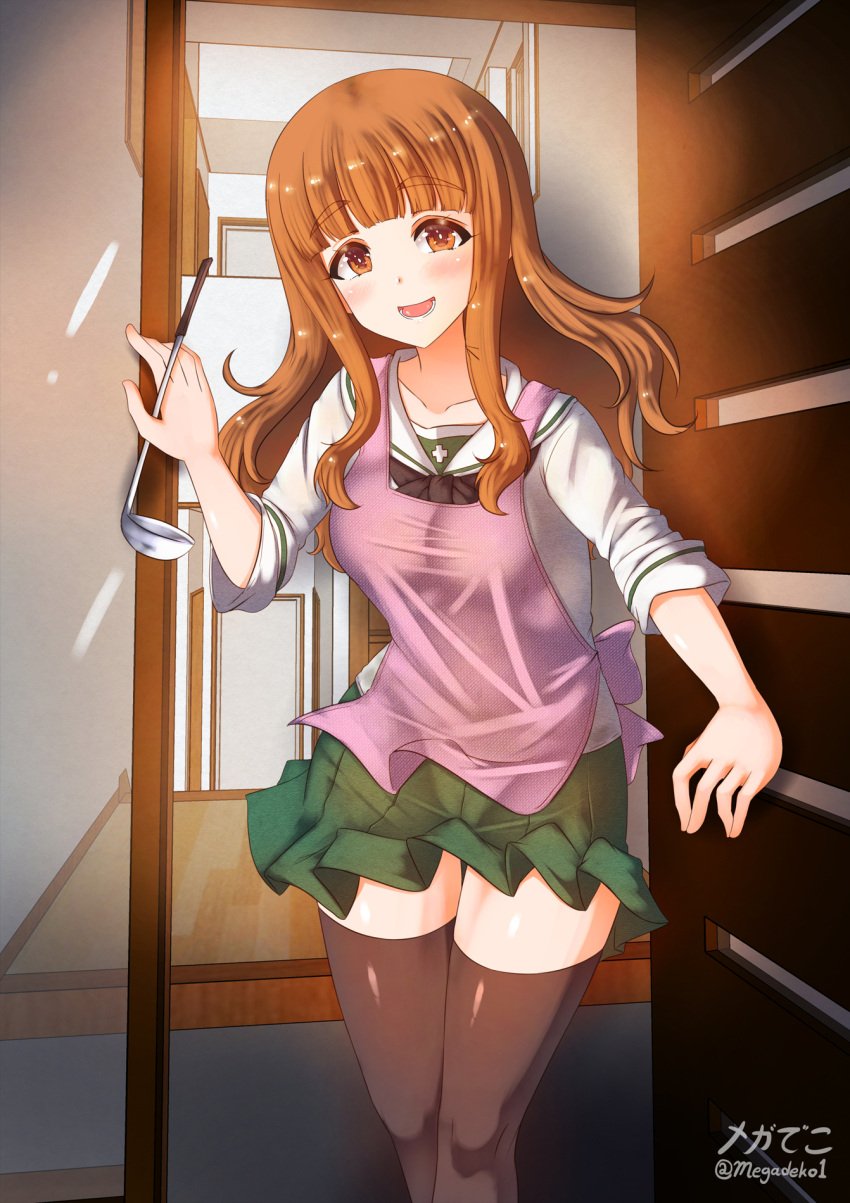1girl, apron, aquaegg, artist_name, backlighting, bangs, black_legwear, black_neckwear