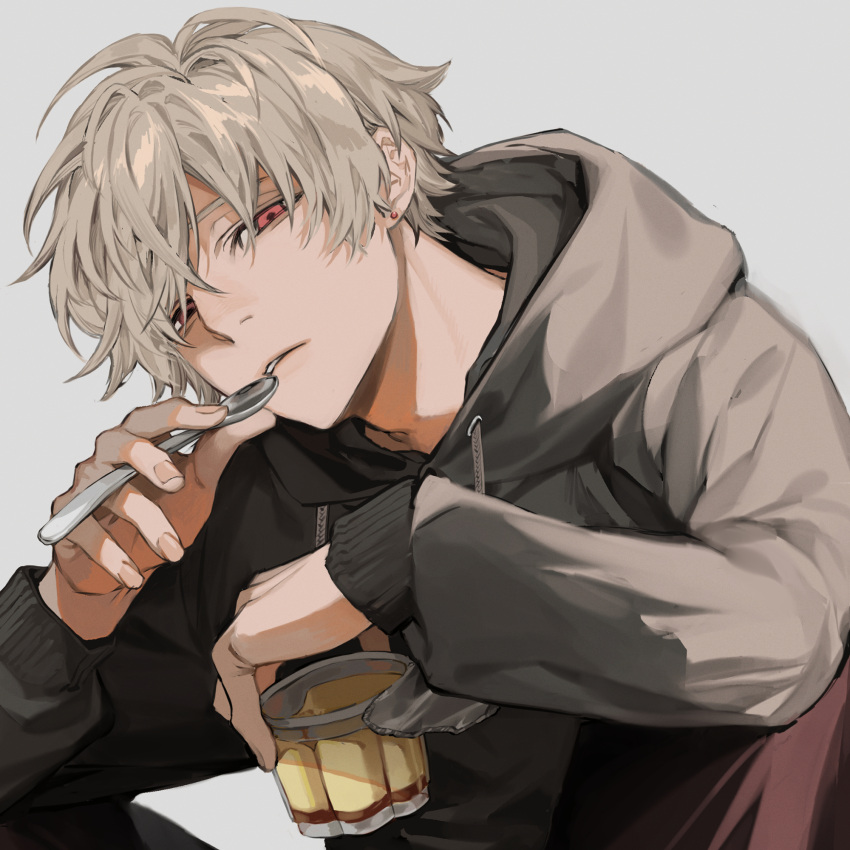 1boy, black_shirt, earrings, food, half-closed_eyes, highres, holding, holding_food