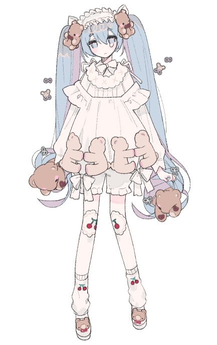 1girl, arms_at_sides, bandaid, bandaid_on_knee, bloomers, blue_hair, bow, cherry_print