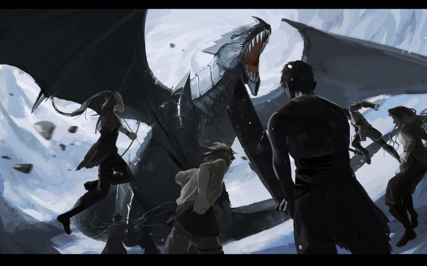 2girls, 4boys, anderson_hood, arrow_(projectile), blue_eyes, boots, bow, chinese_commentary