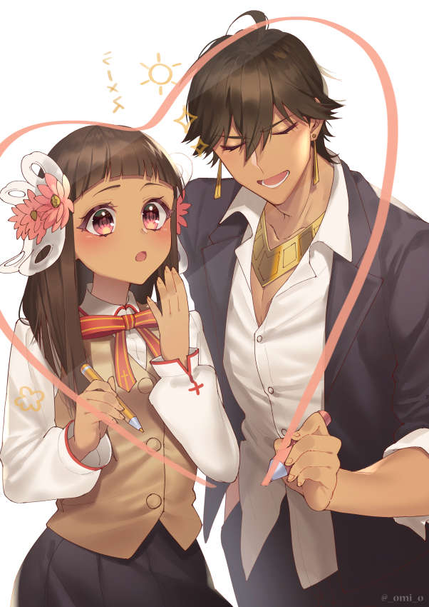 1boy, 1girl, brown_hair, dark-skinned_female, dark-skinned_male, dark_skin, fate/prototype, fate/prototype:_fragments_of_blue_and_silver