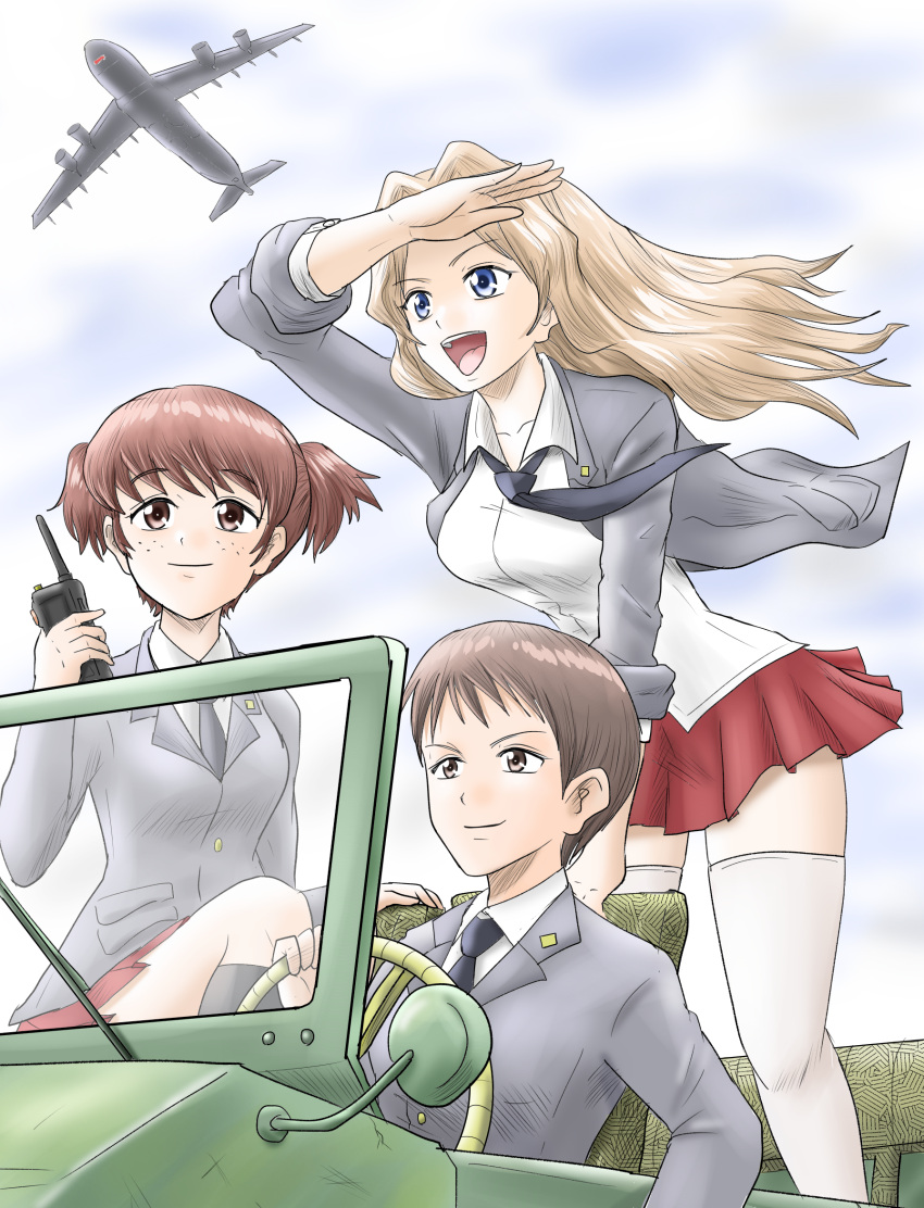 3girls, :d, aircraft, airplane, alisa_(girls_und_panzer), arm_support, bangs, black_legwear, black_neckwear, blazer, blonde_hair, blouse, blue_eyes, blue_sky, brown_eyes, brown_hair, c-5m_super_galaxy, closed_mouth, clouds, cloudy_sky, collared_blouse, commentary, day, dress_shirt, driving, freckles, girls_und_panzer, grey_jacket, ground_vehicle, hair_intakes, hair_ornament, harukai-i, highres, holding, jacket, jeep, kay_(girls_und_panzer), leaning_forward, long_hair, long_sleeves, military, military_vehicle, miniskirt, motor_vehicle, multiple_girls, naomi_(girls_und_panzer), necktie, open_clothes, open_jacket, open_mouth, outdoors, pleated_skirt, radio_antenna, red_skirt, saunders_school_uniform, school_uniform, shading_eyes, shirt, short_hair, short_twintails, sitting, skirt, sky, sleeves_rolled_up, smile, socks, standing, star_(symbol), star_hair_ornament, thigh-highs, twintails, very_short_hair, white_blouse, white_legwear, white_shirt, wind, wing_collar