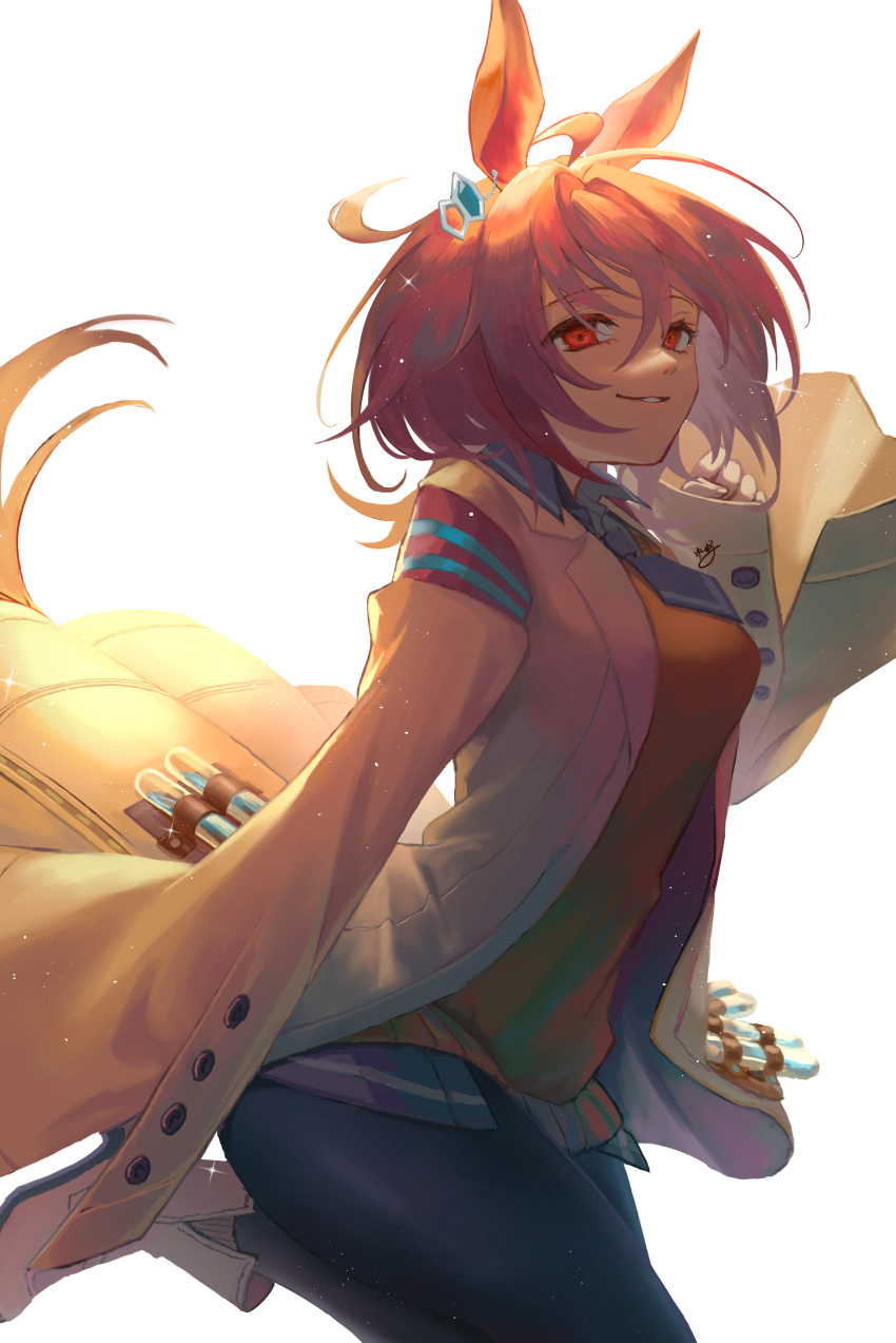 1girl, absurdres, agnes_tachyon_(umamusume), animal_ears, black_legwear, boots, brown_hair, coat