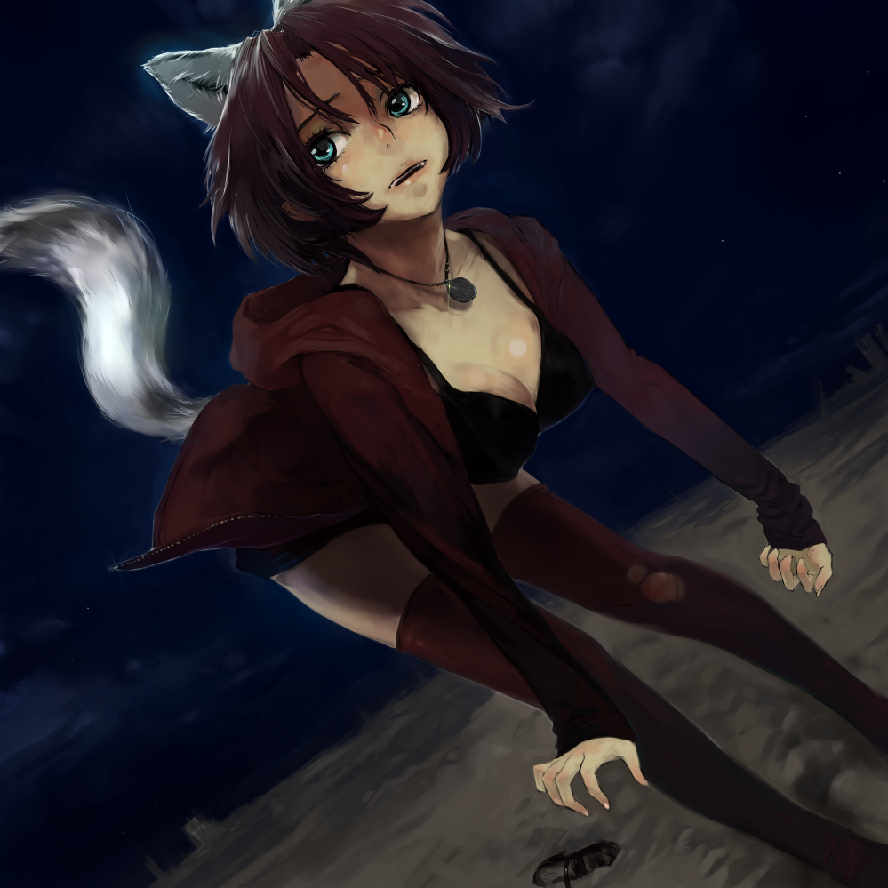 bent_over, blood, blue_eyes, bra, breasts, brown_hair, cleavage, hoodie